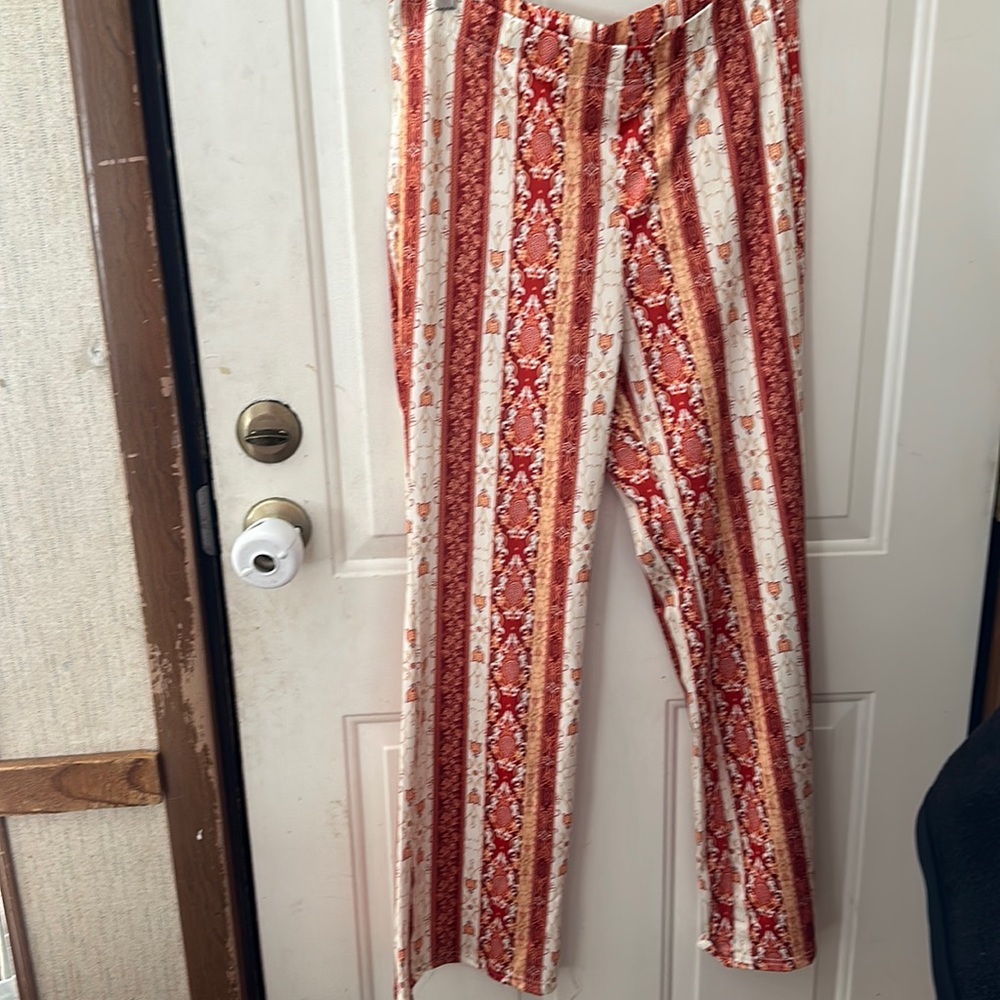 SHEIN CURVE VCAY Plus Striped & Geo Print Flare Leg Pants: ORANGE/WHITE:NWOT: 1X